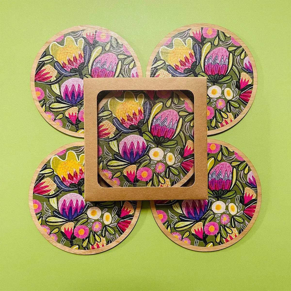 Sugarbush Proteas Wooden Coaster & Napkin Set - Kirsten Katz