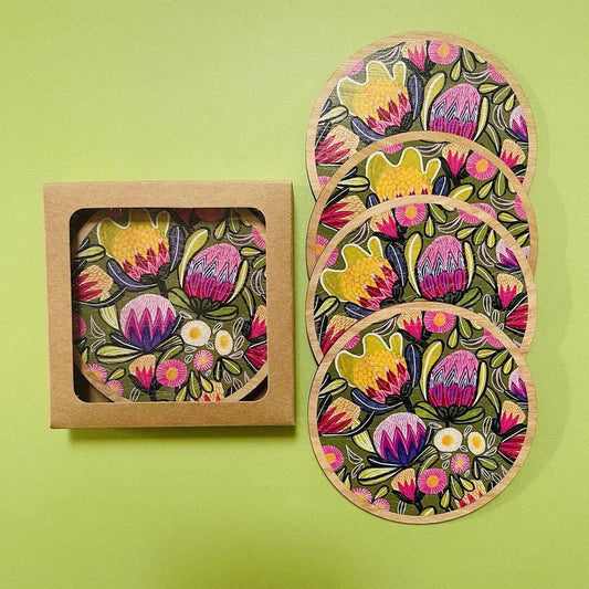 Sugarbush Proteas Australian Wooden Coaster Set Kirsten Katz