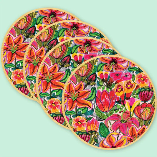 Tigerlily & Tulip Flowers Wooden Coaster Set - Kirsten Katz