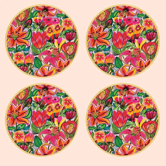 Tigerlily & Tulip Flowers Wooden Coaster Set - Kirsten Katz