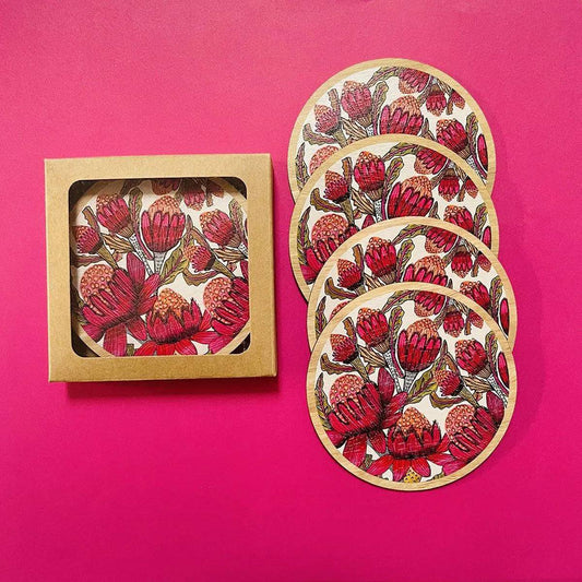 Waratah Flowers Australian Wooden Coaster Set Kirsten Katz