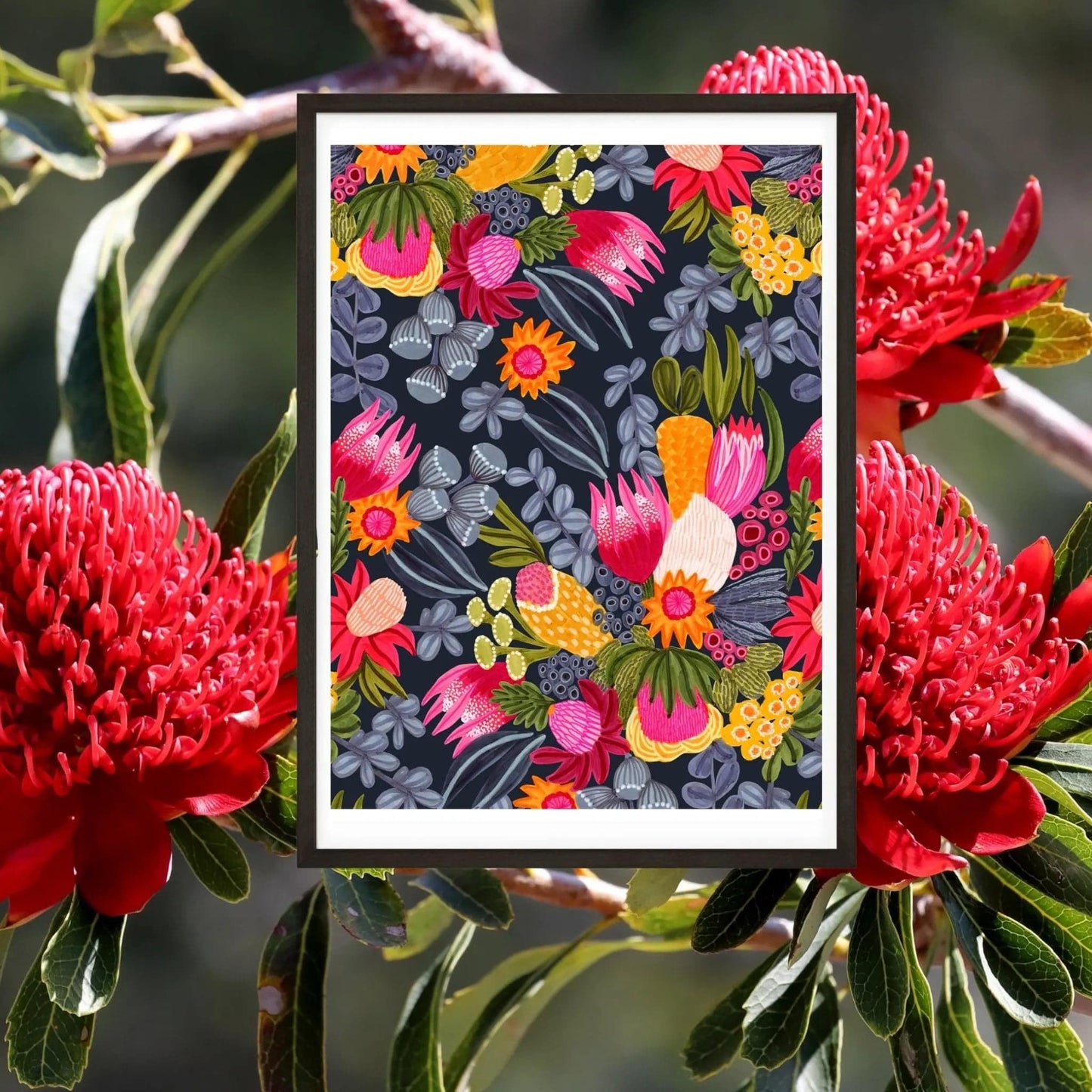 Dramatic white protea wall art by Australian artist Kirsten Katz