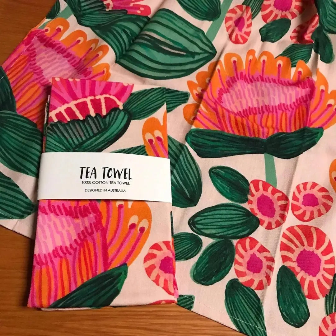 Wild Native Flora Tea Towel & Australian Wooden Coaster Gift Set - Kirsten Katz
