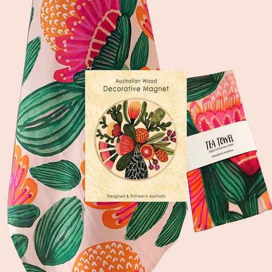 Wild Native Flora Tea Towel & Wooden Fridge Magnet Gift Set - Kirsten Katz