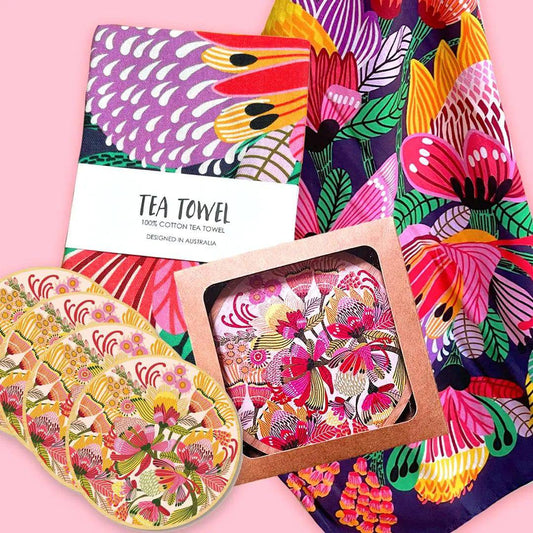 Wild Proteas Tea Towel & Coaster Set - Kirsten Katz