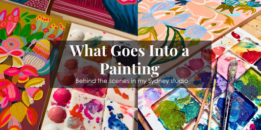 colour palettes and paintings in progress with paint brushes and the text overlay 'what goes into a painting' 
