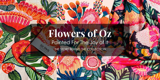 Flowers of Oz collection header — hand-painted Australian native flower art by Kirsten Katz, featuring bold botanical designs with proteas, banksias and gum blossoms in rich pinks, reds and greens.