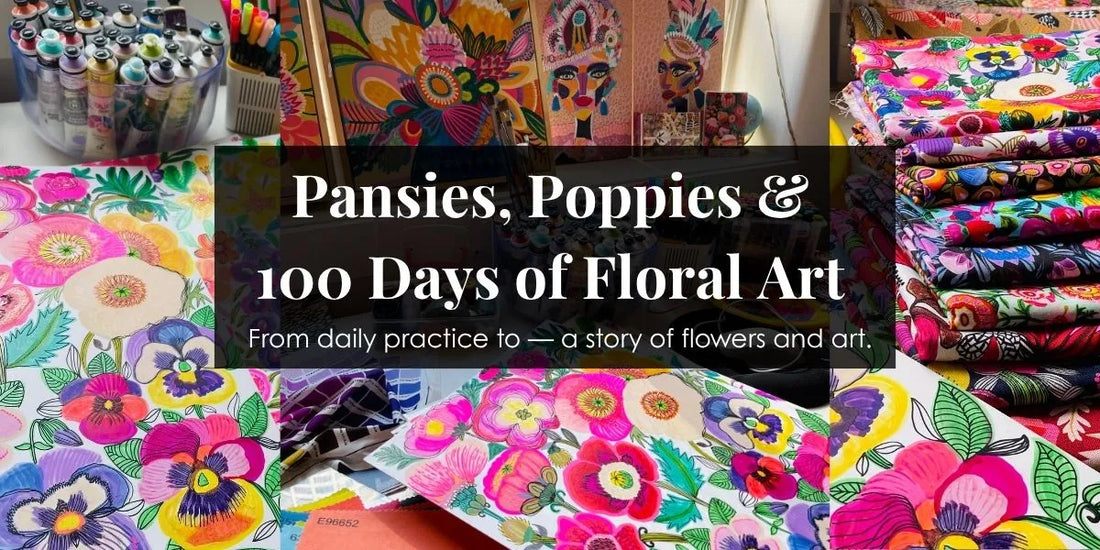 colourful images showing flower illustrations with a text overlay that says pansies, poppies & 100 days of floral art