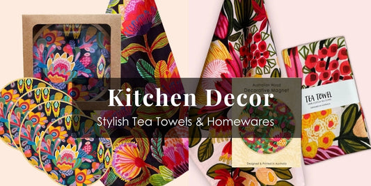 Kitchen Decor Sets — Australian botanical tea towels, wooden coasters and gift sets by Kirsten Katz