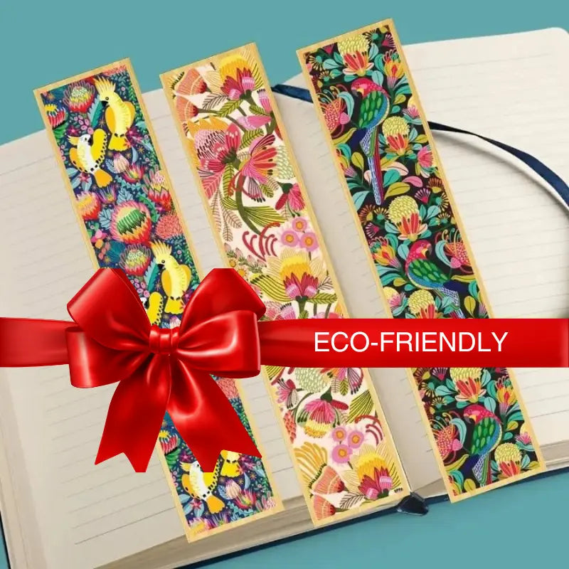 set of 3 Wooden bookmarks with colourful Australian art by artist Kirsten Katz