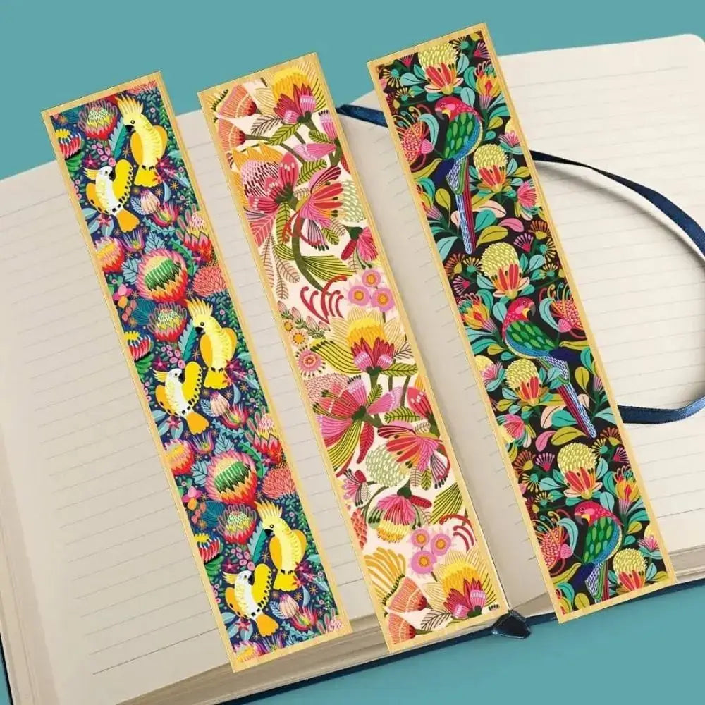 Australian wooden bookmarks printed with colourful botanical art by Sydney artist Kirsten Katz — eco-friendly gifts for book lovers