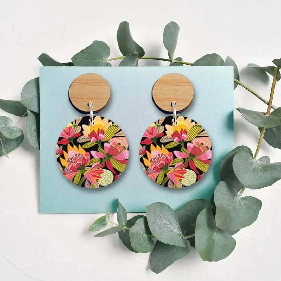 Designer wooden earrings printed with original botanical art by Australian artist Kirsten Katz — eco-friendly Australian jewellery