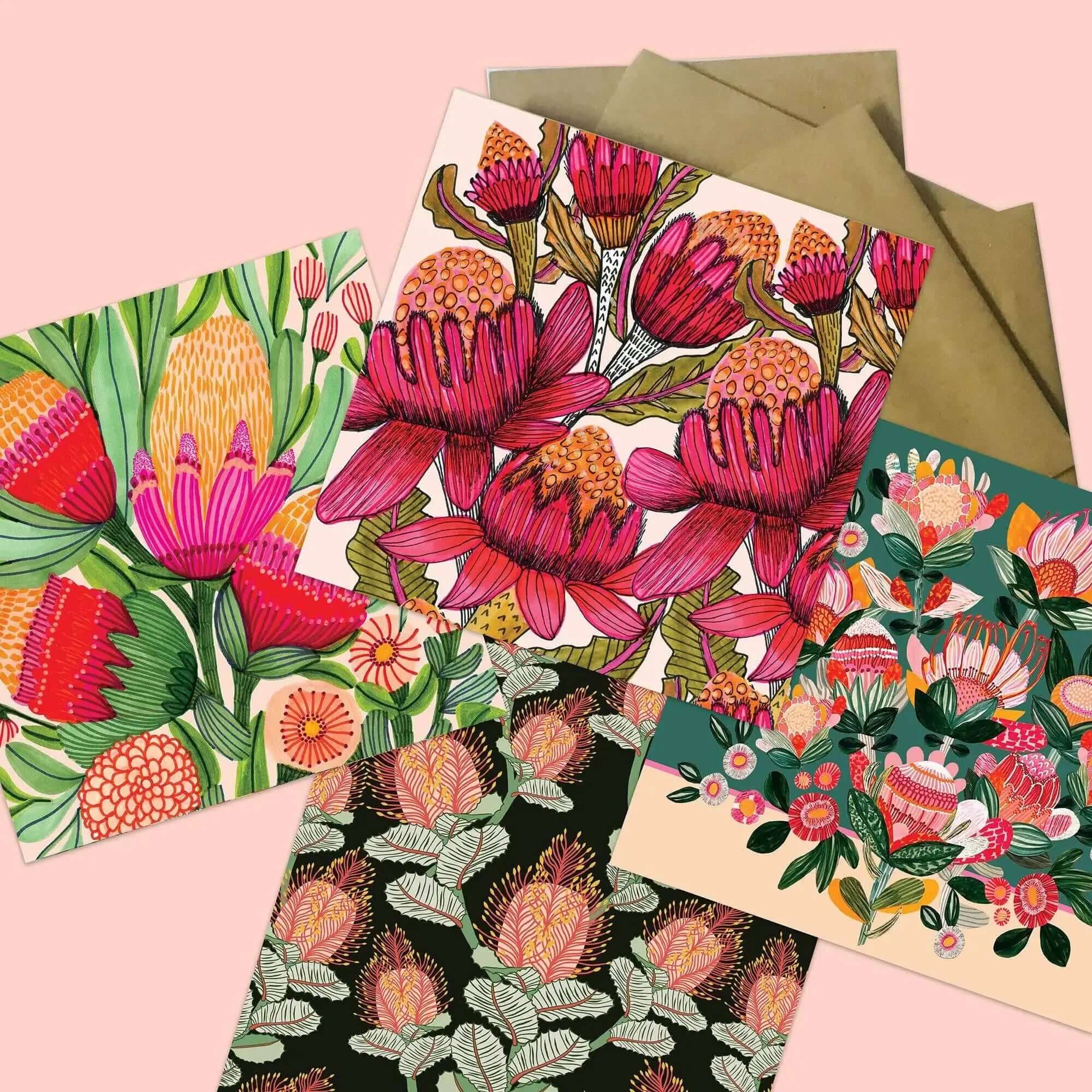 Australian greeting card sets featuring original botanical and floral artwork by Sydney artist Kirsten Katz