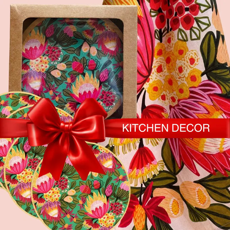 Floral tea towel and coaster set with botanical art by Australian artist Kirsten Katz