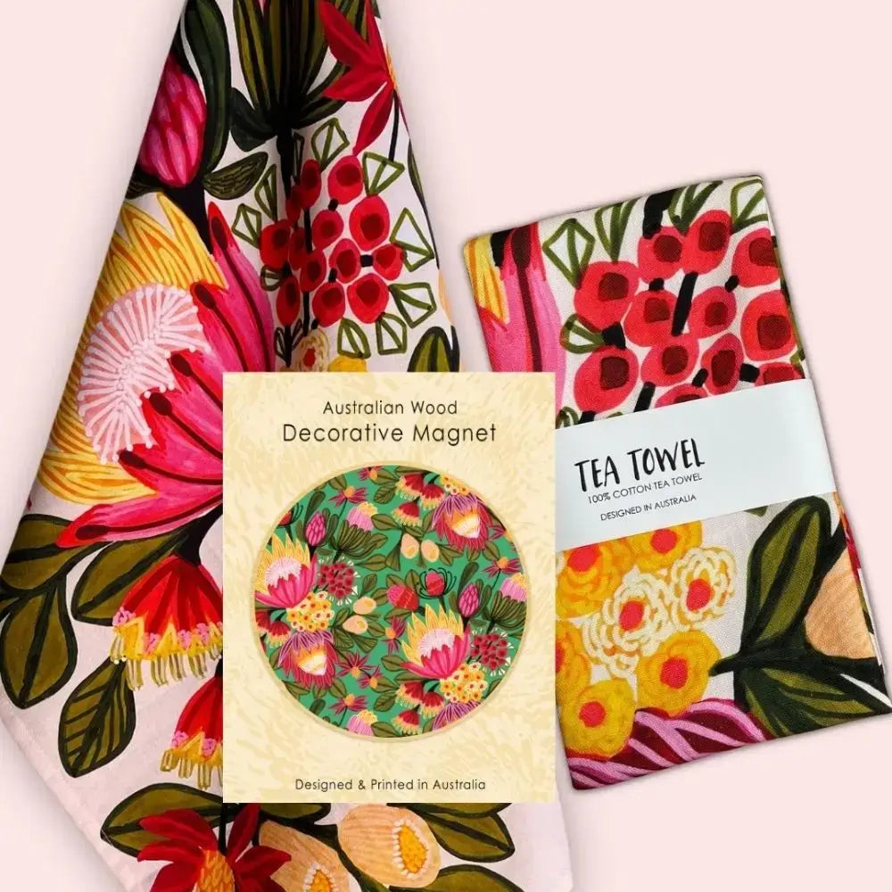 Modern kitchen decor — designer tea towels and coaster sets featuring original botanical artwork by Australian artist Kirsten Katz