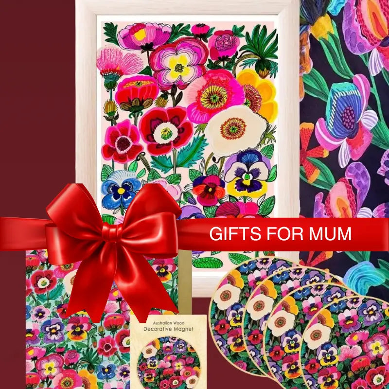 Botanical art print, wooden caosters, tea towel & cards with poppies and pansies by Australian artist Kirsten Katz 