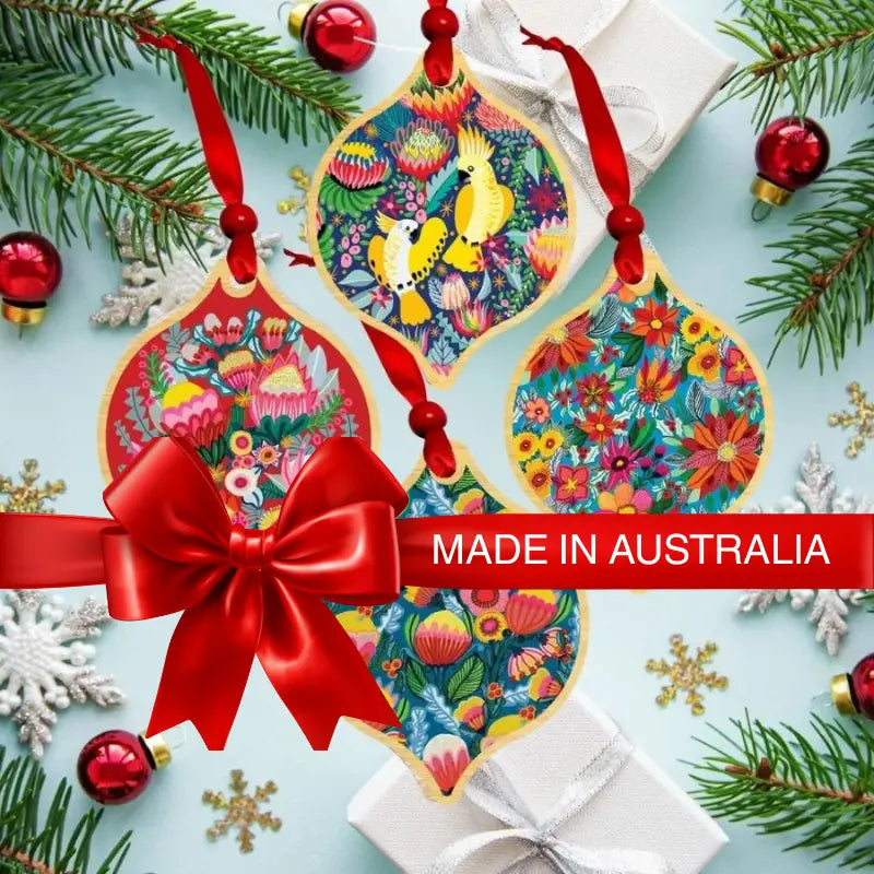 Australian wooden Christmas ornaments with colourful art by Kirsten Katz