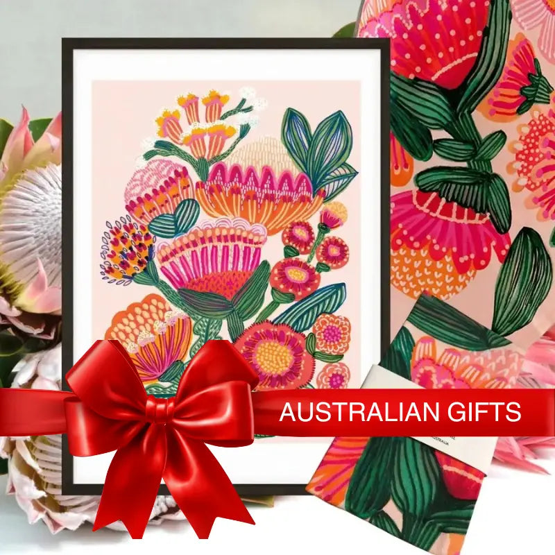 Australian Art Print & matching teat towel gift set with native flowers by Australian artist Kirsten Katz