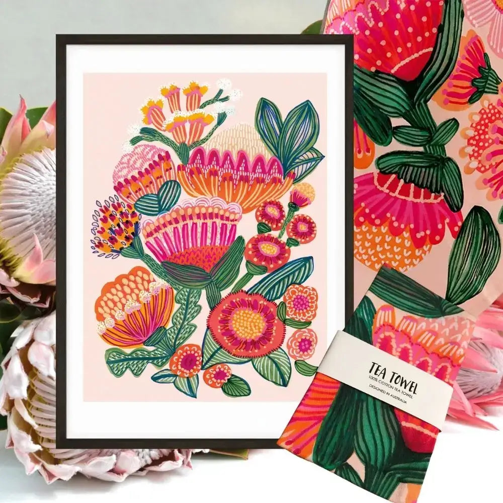 Australian art print and matching tea towel gift set featuring native flowers by Sydney artist Kirsten Katz