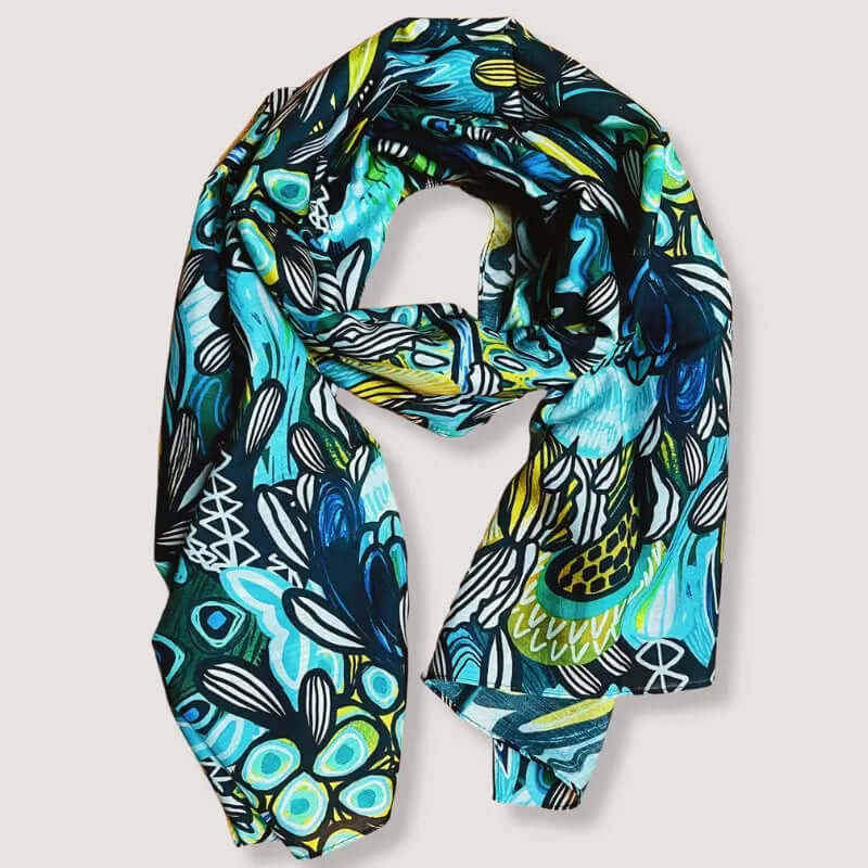Designer silk scarves featuring original botanical art by Australian artist Kirsten Katz — luxurious natural silk, worn as a scarf or shawl