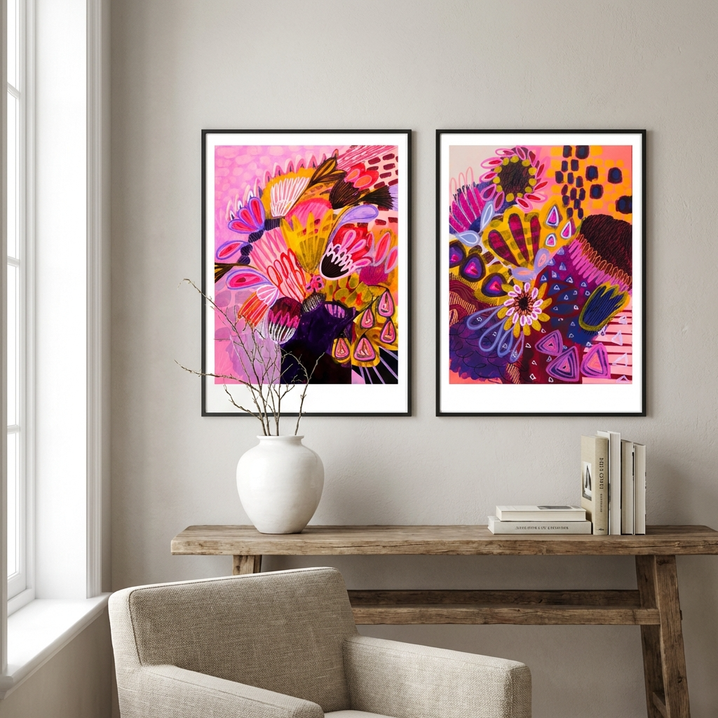 Set of 2 modern abstract wall art prints in a rook with a chair and sideboard  by Australian artist Kirsten Katz