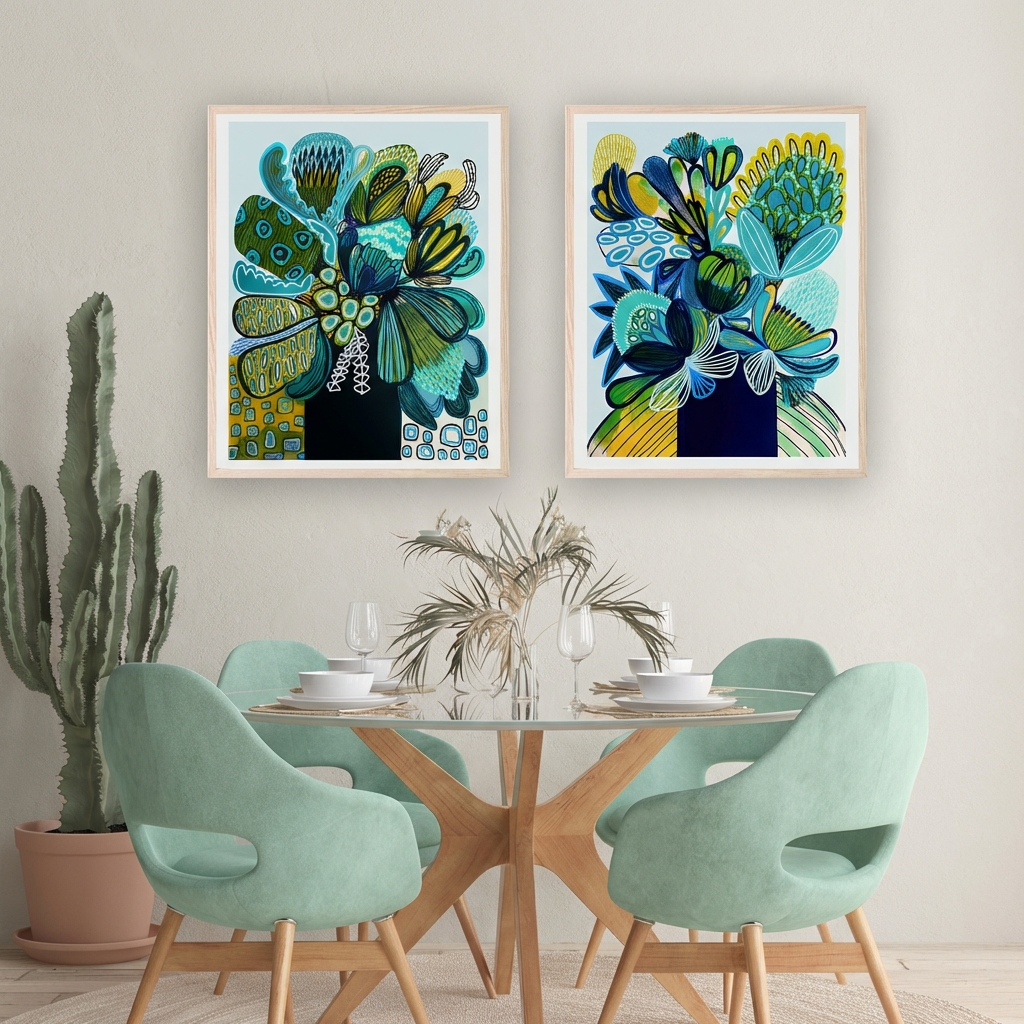 Modern abstract wall art set, with native florain a blue and green colour palette  by Australian artist Kirsten Katz 
