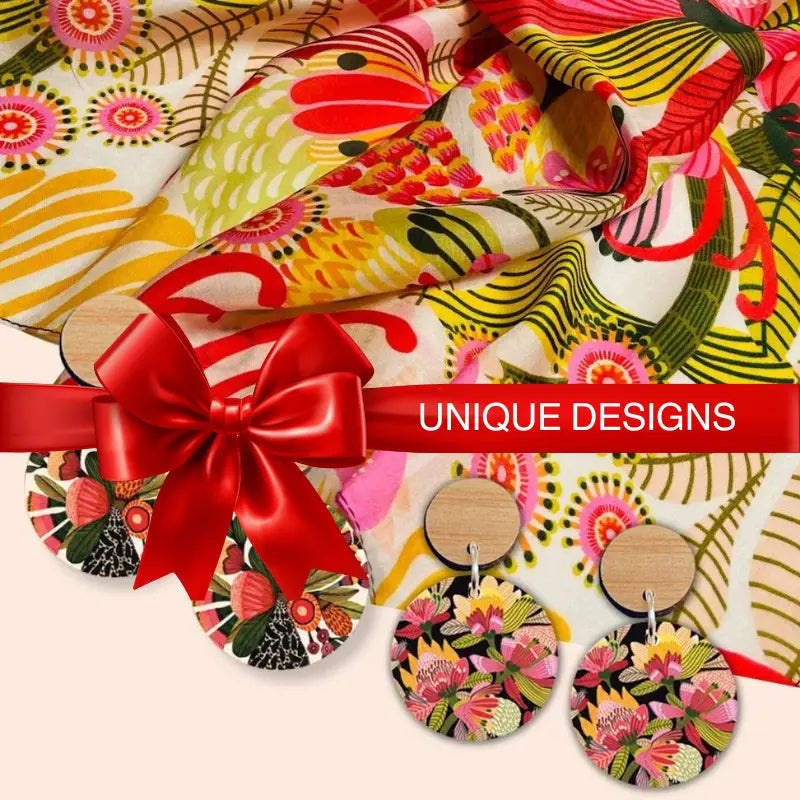 Silk scarf and wooden earrings printed with moder botanical art by Australian artist Kirsten Katz
