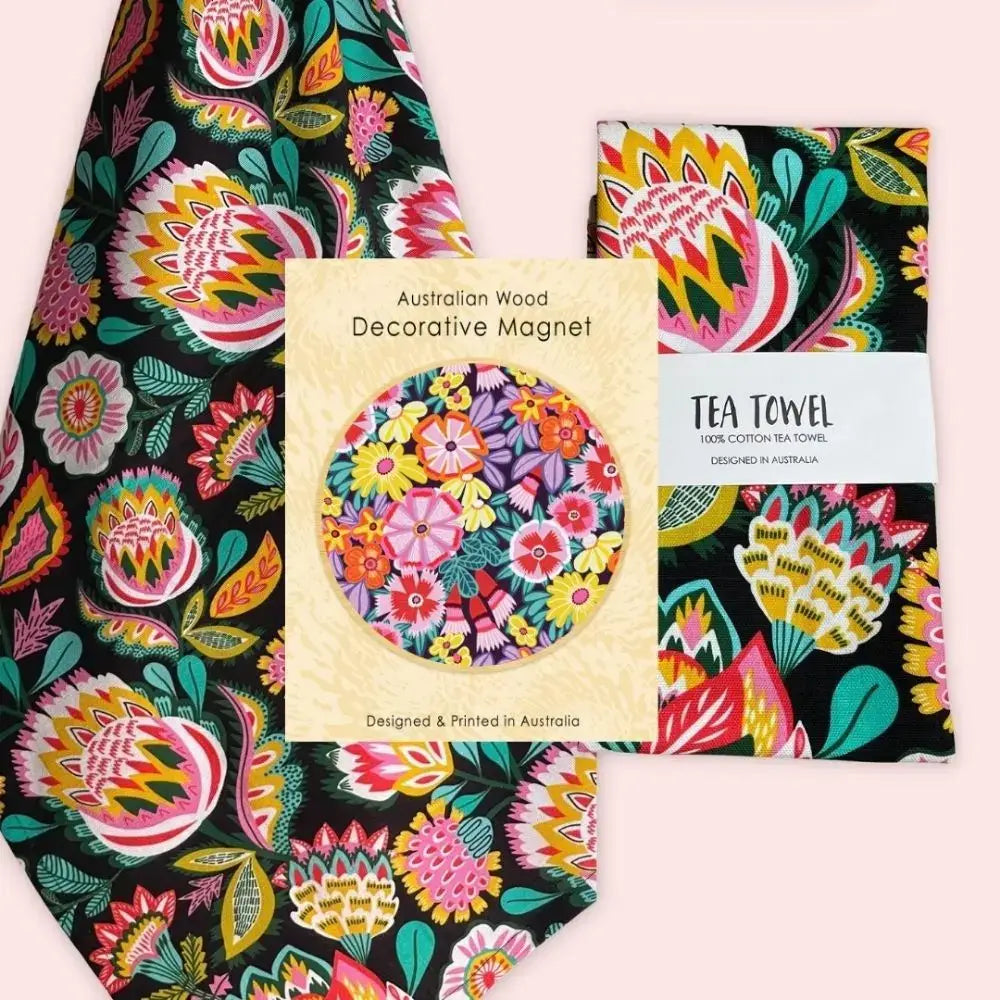 Kitchen tea towel and wooden magnet gift sets featuring botanical art by Australian artist Kirsten Katz — perfect Australian gifts