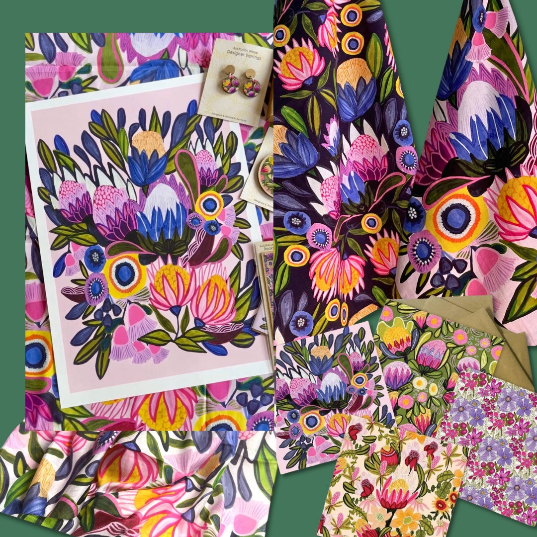 Protea Magnifica collection — moody romantic protea art prints, silk scarves, tea towels and gifts by Australian artist Kirsten Katz