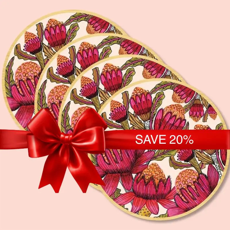 set of 3 wooden coasters printed with waratahs flowers by Australian artist Kirsten Katzrs