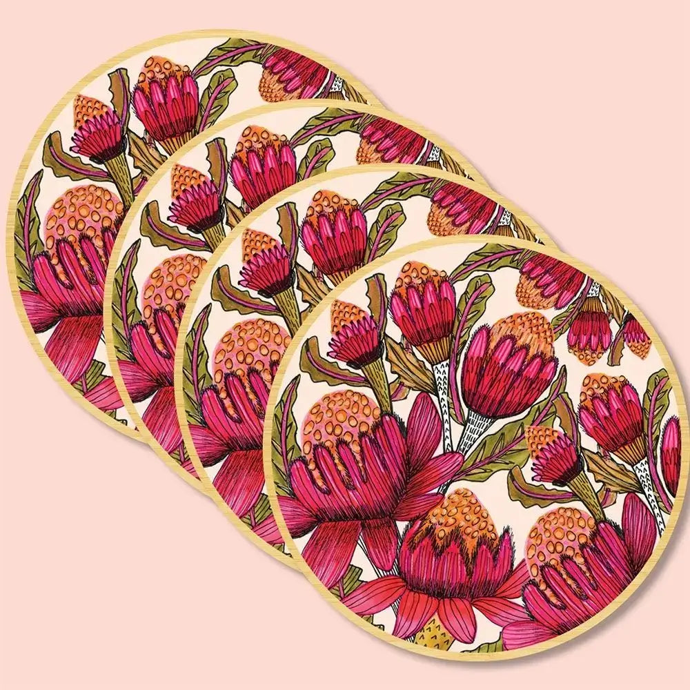 Australian wooden coaster sets printed with original botanical art on sustainable eucalyptus wood by Kirsten Katz