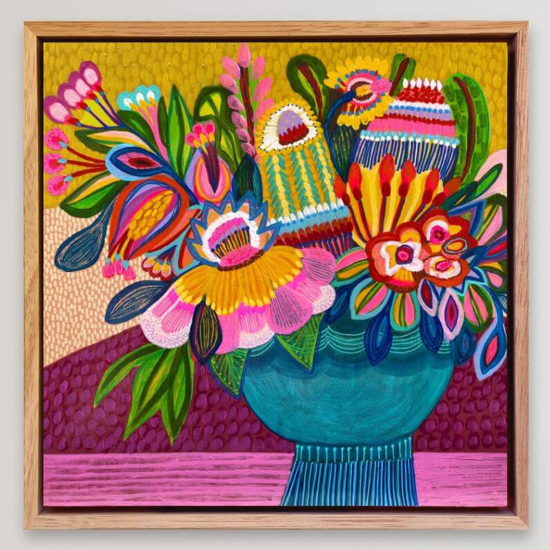Vivid Harmony original painting by Australian artist Kirsten Katz, colourful exotic flowers arranged in a vase-style floral composition.