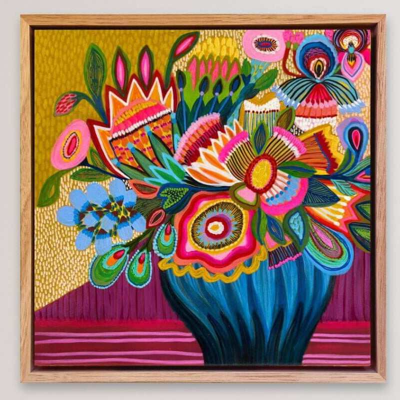 Radiant Garden original painting by Kirsten Katz — colourful floral composition with layered blooms