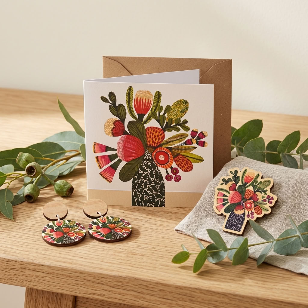 Hand-painted Australian native flowers wooden earrings and brooch set by Kirsten Katz