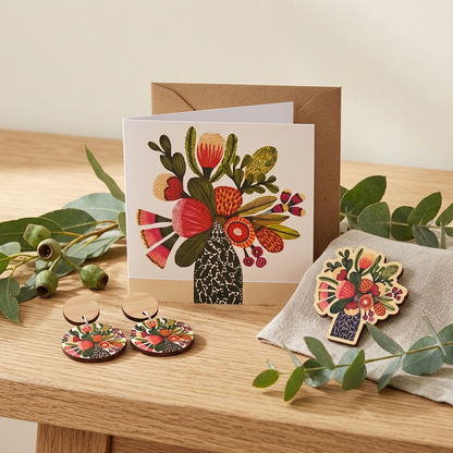 Hand-painted Australian native flowers wooden earrings and brooch set by Kirsten Katz