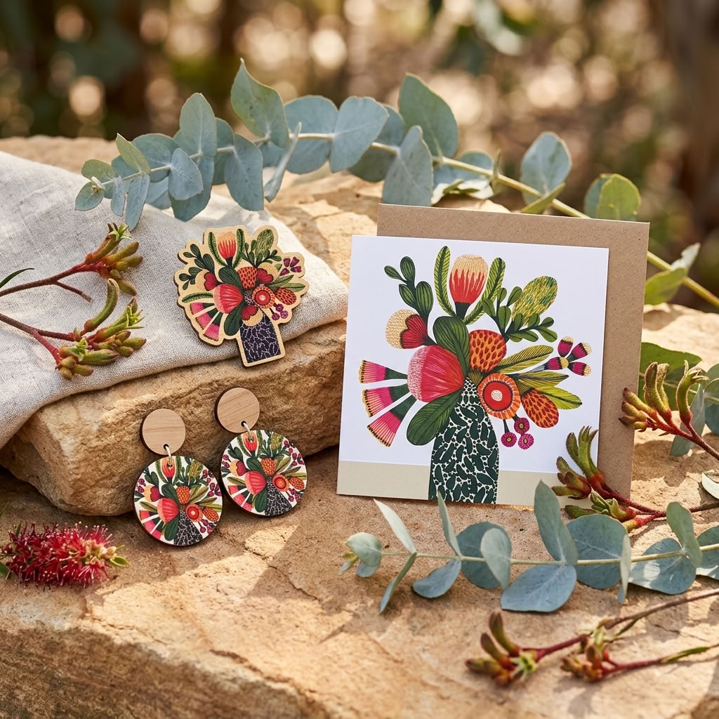 Aussie Native Flowers jewellery gift set - earrings and brooch - Kirsten Katz