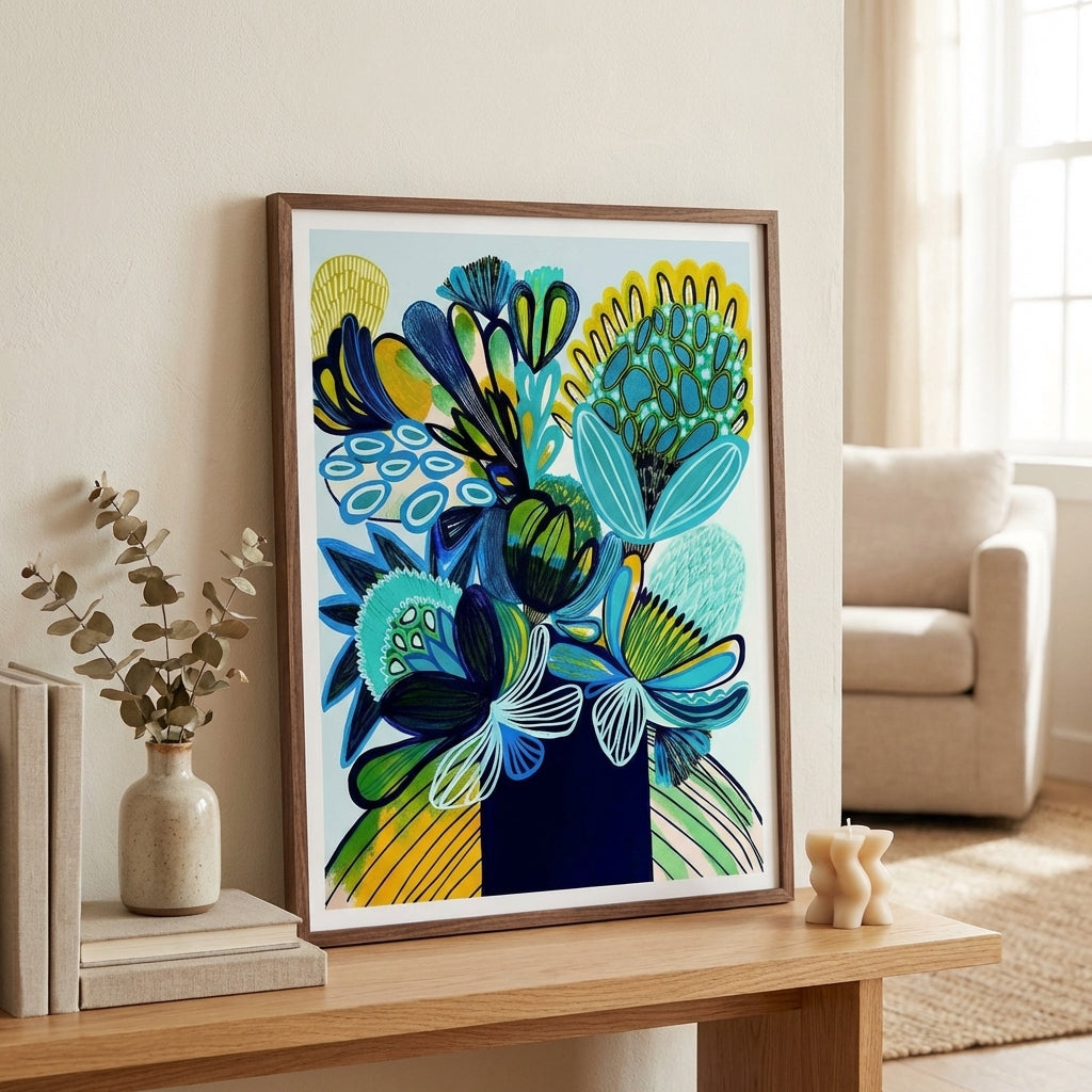 Australian modern botanical wall art print styled in a contemporary living room