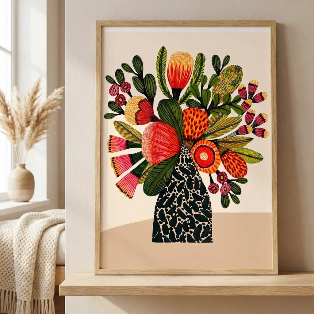 Australian bush flower wall art print displayed on a shelf