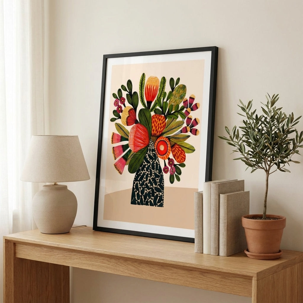 Australian bush flower wall art print framed and styled on a wooden shelf with a lamp and books.