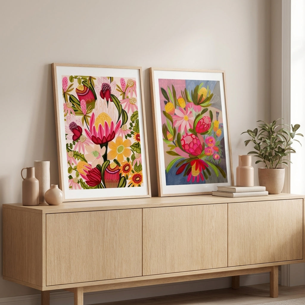 Pink Protea & Blue Bouquet Print Set