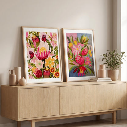 Pink Protea & Blue Bouquet Print Set