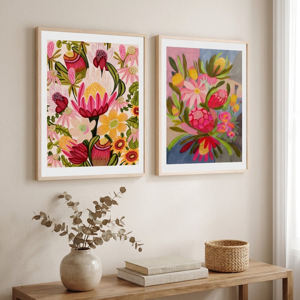 Pink Protea & Blue Bouquet Print Set