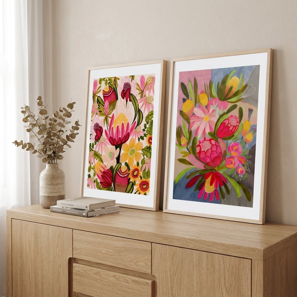 Pink Protea & Blue Bouquet Print Set