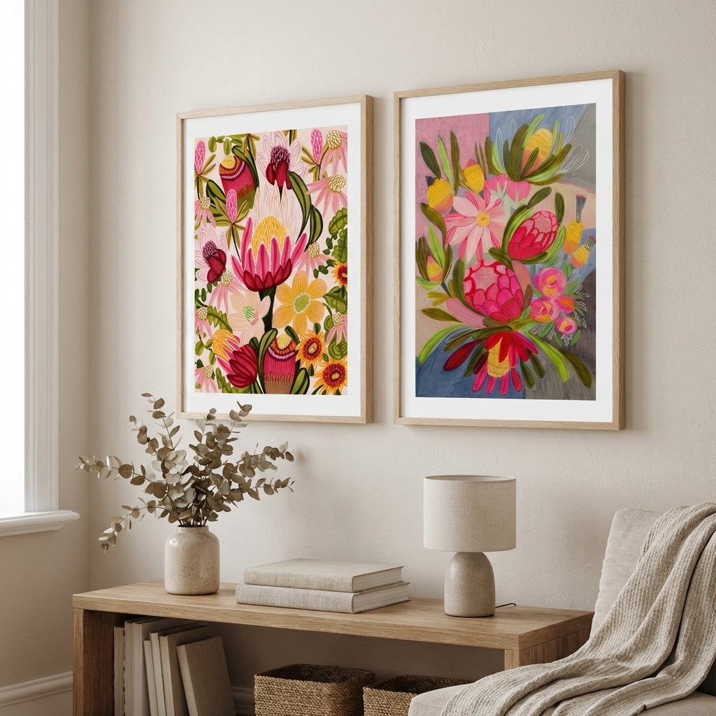 Pink Protea & Blue Bouquet Print Set