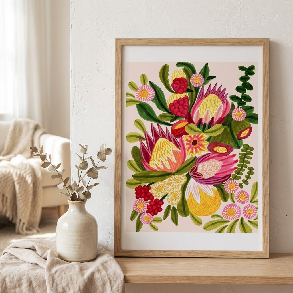 Framed floral artwork on a wall in a room with a vase and blanket.
