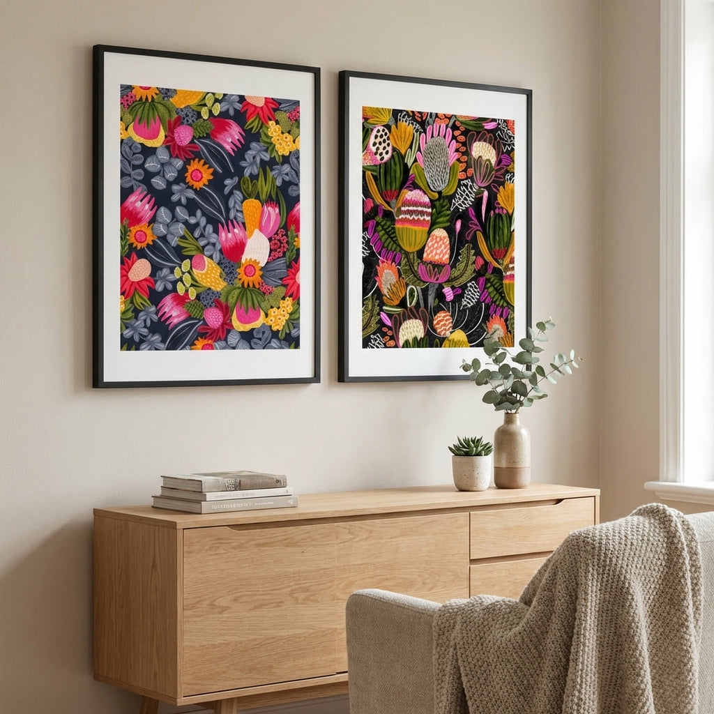 botanical wall art print displayed above a console table showing size and scale