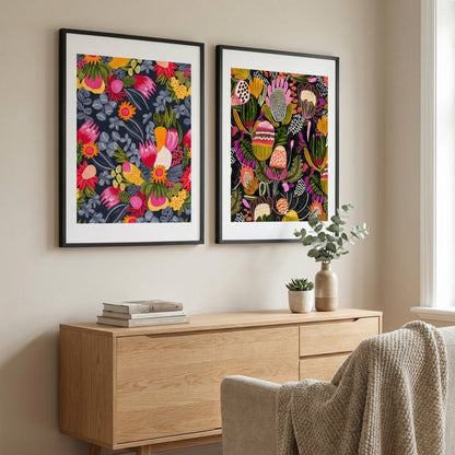 botanical wall art print displayed above a console table showing size and scale