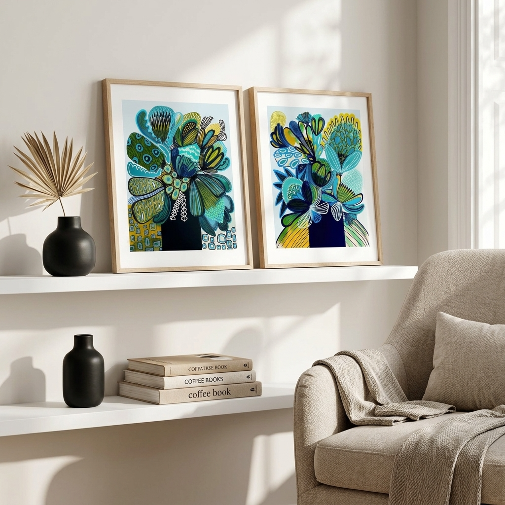 Blue & Teal Banksia Abstract Print Set