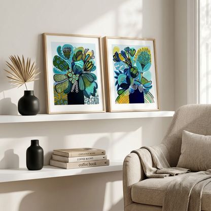 Blue & Teal Banksia Abstract Print Set