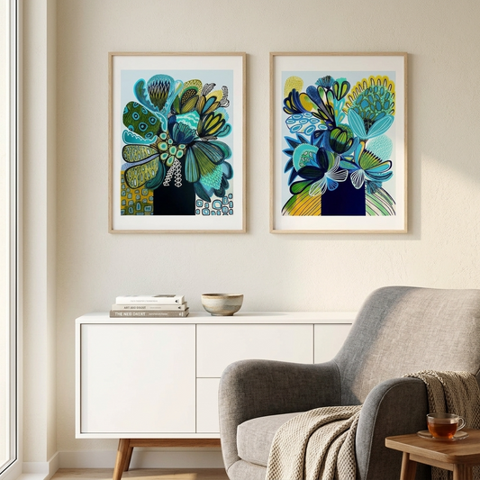 Blue & Teal Banksia Abstract Print Set